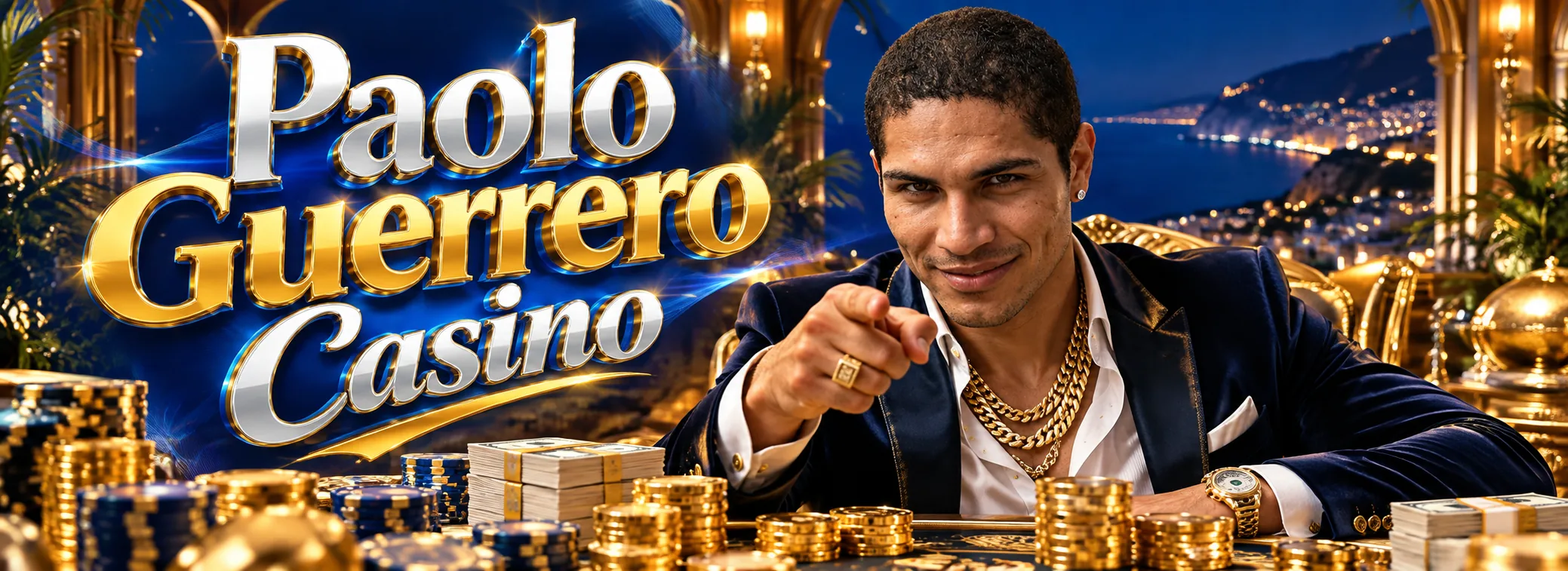 Banner del bono de bienvenida de Paolo Guerrero Casino con 100% hasta S/2,000 y 150 giros gratis